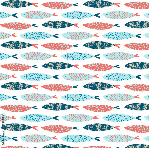 Nordic Fish Seamless Pattern. Naive ocean pattern. Fish background. Stylized vector fish
