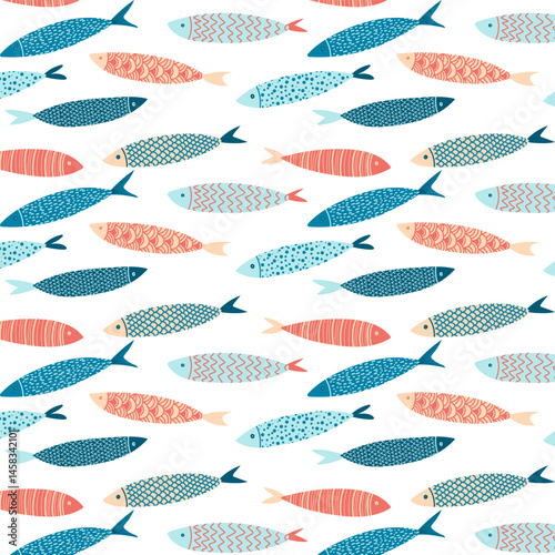 Nordic Fish Seamless Pattern. Naive ocean pattern. Fish background. Stylized vector fish