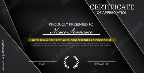 creative certificate of appreciation best award template with black golden list overlap background, Use for print, certificate, diploma, graduation eps10 vector template