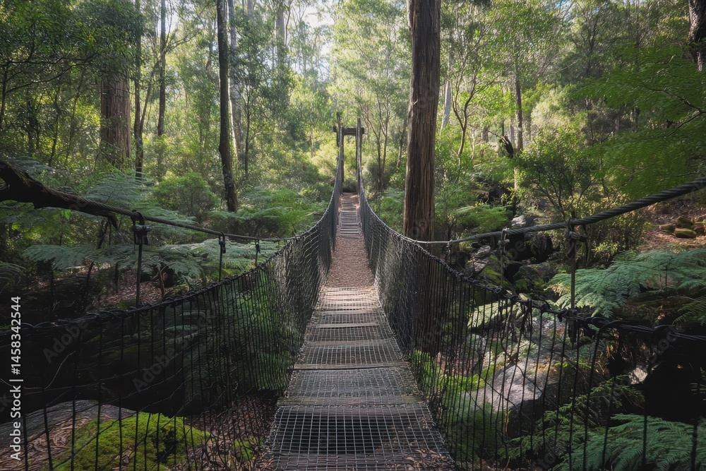Obraz premium Explore the Hanging Bridge in the Enchanting Forest of Tasmania During a Scenic Hike, Hiking in Australia forest Hanging bridge in Tasmania nature reserve park
