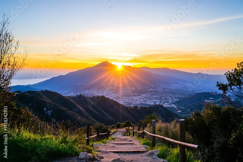 Majestic Sunset over Mountain Range Scenic View Hiking Trail Steps Pathway