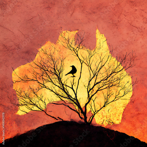 Australia silhouette art print with bird on tree branch against sunset sky background digital painting design