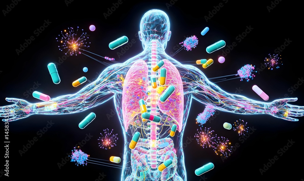 Fototapeta premium Human Body Composition with Capsules and Antibodies in 3D Visualization