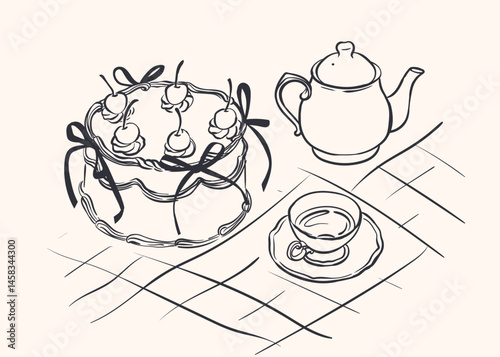 Retro cake in flirty aesthetics. Vintage cake with ribbon bows in linear style. Vector simple illustration.