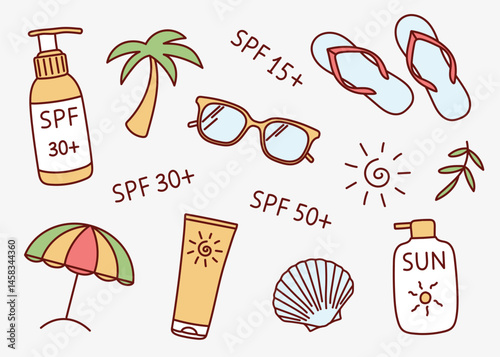 Summer set of illustrations with sunscreen cream. vector illustration