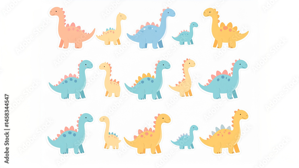 A collection of twelve colorful cartoon dinosaur illustrations, each featuring unique shapes and details. With friendly expressions and a mix of orange, blue, and yellow tones, the whimsical design ev