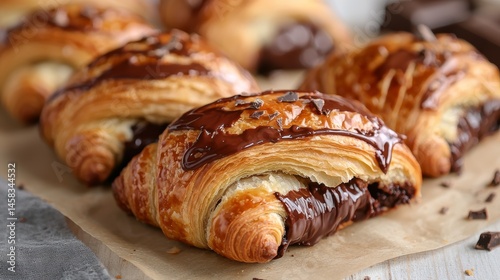 Elegant freshly baked chocolate croissants with crispy golden layers and rich melted chocolate center