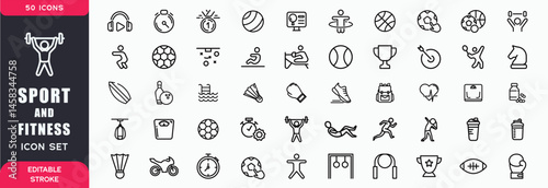 Sport and Fitness icon set with editable stroke. Healthy lifestyle thin line icon collection. Gym and health care icons. Vector illustration