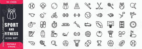 Sport and Fitness icon set with editable stroke. Healthy lifestyle thin line icon collection. Gym and health care icons. Vector illustration