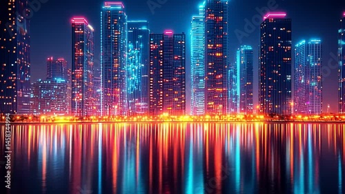 Wallpaper Mural Vibrant city skyline at night with illuminated skyscrapers and colorful lights reflecting on water, creating stunning urban scene. Torontodigital.ca