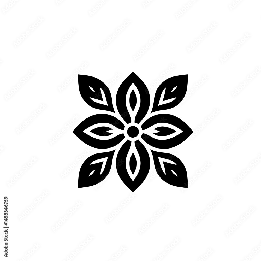 Obraz premium Minimalist Black Flower Icon on White: Geometric Floral Design Element