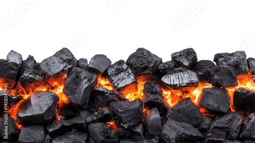 Black Coal Rocks with Glowing Embers and Lava-like Heat on a Dark Background