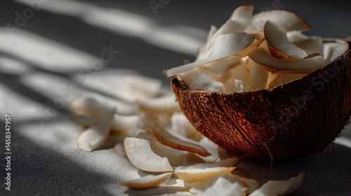 Fresh coconut and slices on edward white open highlighting organic ingredients for snacks and desserts