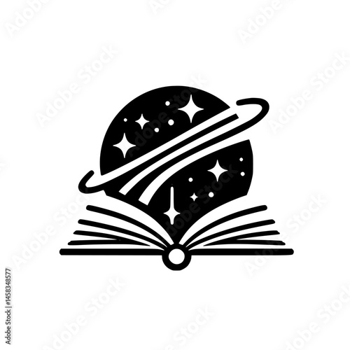Cosmic Storybook Logo: Space Planet & Open Book Illustration
