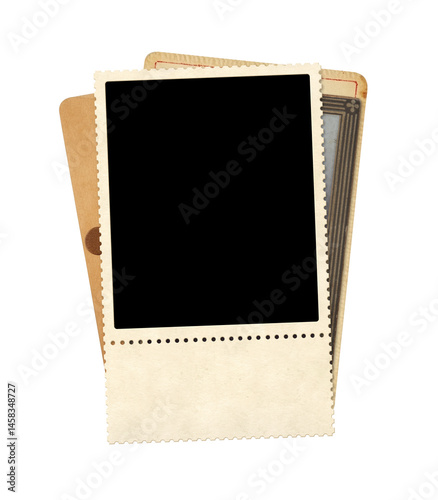 Retro photo frame on old card, creating a nostalgic effect. Vintage scrapbooking style. Mock up template. Copy space for text. Isolated on white background