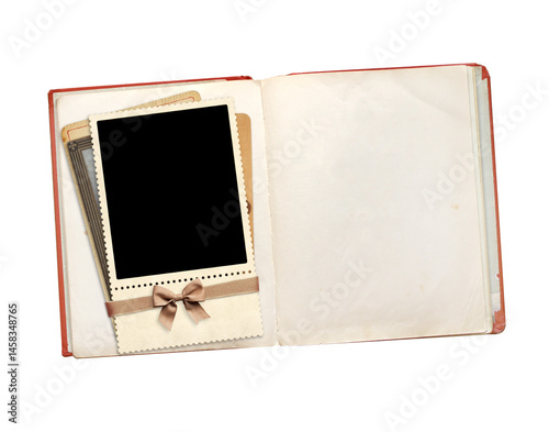 Old book, retro photo frame and card, creating a nostalgic effect. Vintage scrapbooking style. Retro photo album and blank photo. Mock up template. Copy space for text. Isolated on white background