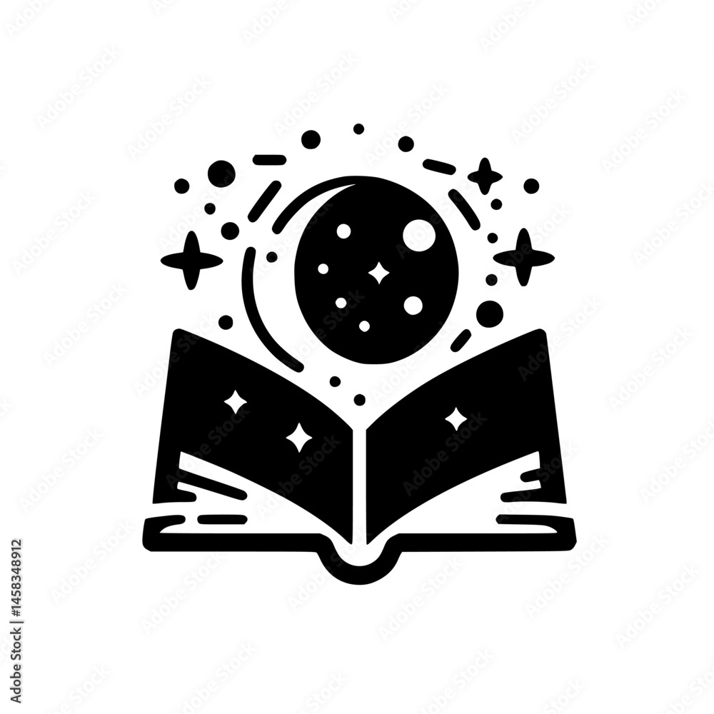 Fototapeta premium Magical Book & Moon: Black & White Celestial Illustration