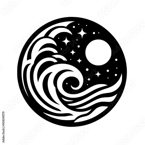 Yin Yang Night Sky: Waves, Moon, and Stars Silhouette Design