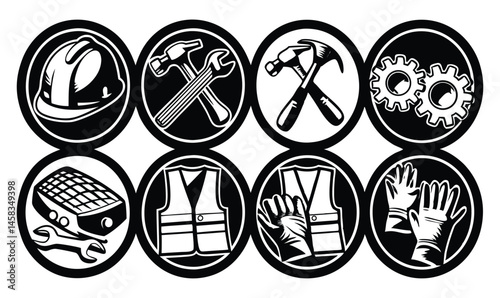Monochrome Construction Icons Set, Tools, Safety Gear, and Mechanical Elements