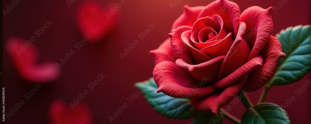 Naklejka premium Red rose with heart decorations on deep red background.
