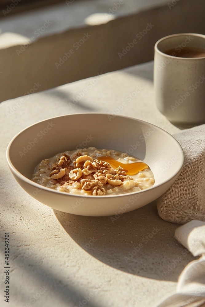 Delicious bowl of oatmeal with walnuts and honey on a sunlit table in a cozy kitchen setting Generative AI Delicious bowl of oatmeal with walnuts and honey on a sunlit table in a cozy kitchen setting Generative AI