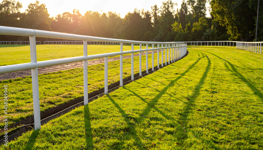 Fototapeta premium serene green horse race track with white railing, bathed in warm sunlight, creates peaceful atmosphere. long shadows cast by railing enhance beauty of scene