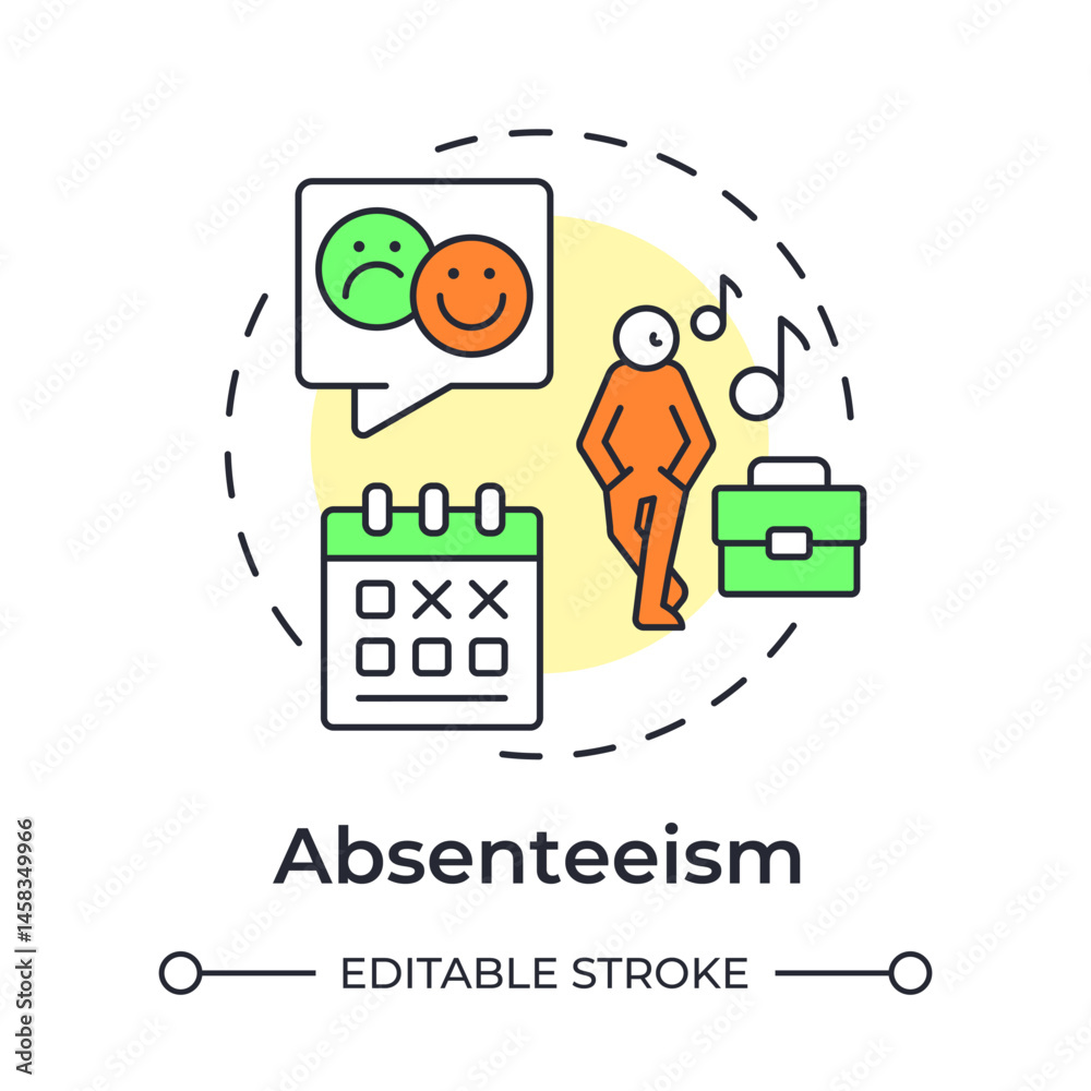 Absenteeism multi color concept icon. Employee schedule missing rate. HR management. Performance and engagement. Round shape line illustration. Abstract idea. Graphic design. Easy to use blog post Absenteeism multi color concept icon. Employee schedule missing rate. HR management. Performance and engagement. Round shape line illustration. Abstract idea. Graphic design. Easy to use blog post