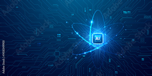 Ai chip and abstract digital atom icon on circuit board. Futuristic technology background. Science tech bg. Circuit light lines and processor. Artificial Intelligence concept. Vector illustration.