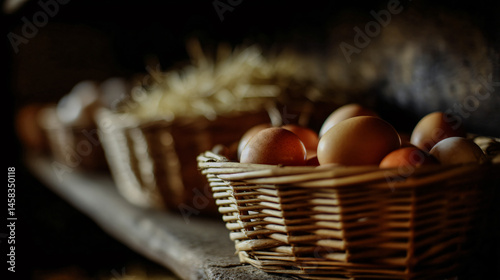 Fresh organic testicle stored in wickerwork baskets, ready for cooking
