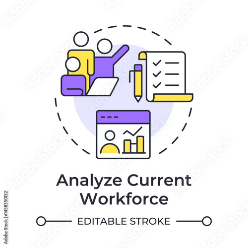 Analyze current workforce multi color concept icon. Existing employee base collection. Recruitment forecasting. Round shape line illustration. Abstract idea. Graphic design. Easy to use blog post