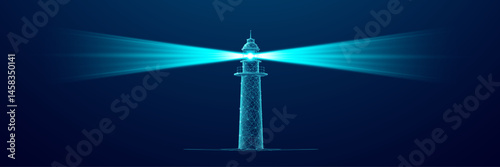 A digital lighthouse consists of connected dots, thin lines, and glowing glitters. Bright light beam on dark blue technology background. Safe harbor. Business vision concept. Vector illustration.