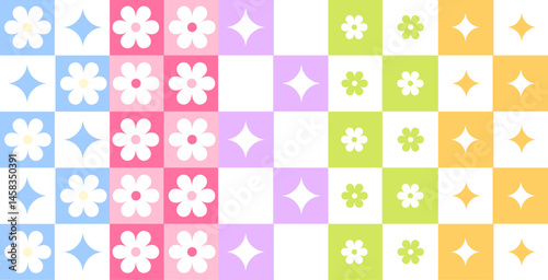 Set of seamless patterns, wrapping paper in retro style, checkered with flowers and stars