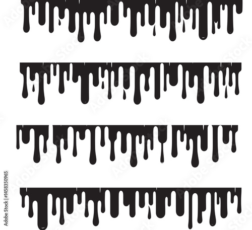 Abstract rendering of black paint drips evenly spaced on a light backdrop, evoking a sense of creativity and contrast. The clear alignment adds artistic structure to the overall composition.