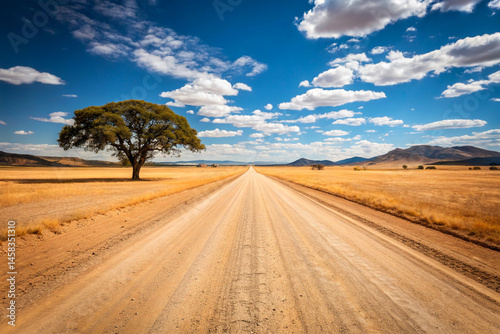 A Lonely Tree on a Long Dirt Road Under a Clear Blue Sky
