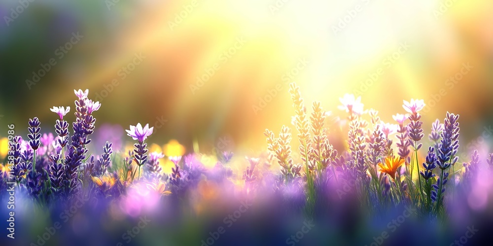 Obraz premium The lavender field is bathed in golden sunlight