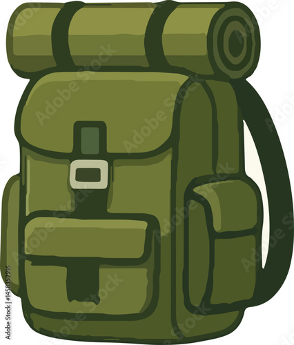 A sturdy green backpack with multiple compartments, designed for travel, adventure, and outdoor exploration. Features straps, buckles, and a rugged design, ideal for hiking and camping themes