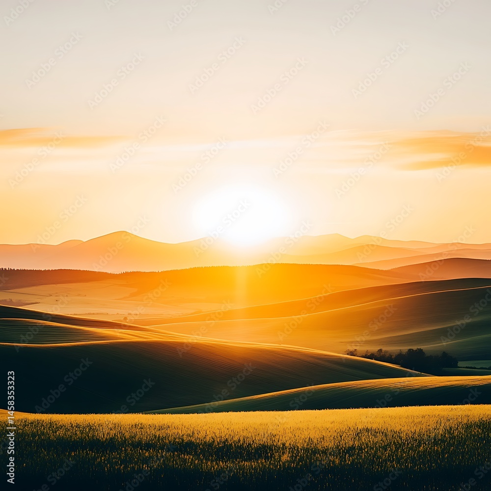 Obraz premium Golden Sunset Over Rolling Hills and Fields of Wheat at Sunrise Breathtaking Landscape