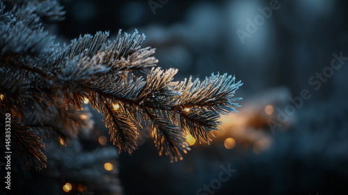 Frosted pine ramification adorned with warm lights, wintertime holiday background