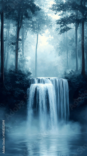 Serene waterfall cascading down mossy rocks into a tranquil pool, shrouded in ethereal mist within a dark, lush forest