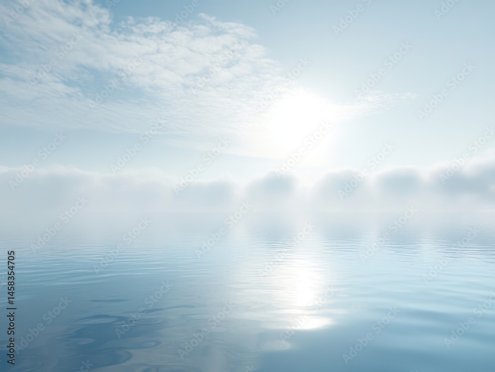 Fototapeta premium Serene Waterscape: A tranquil seascape unfolds, where the sky and water converge, reflecting sunlight and a sense of serenity. A peaceful view of the sea with clouds and the sun creating a soft.