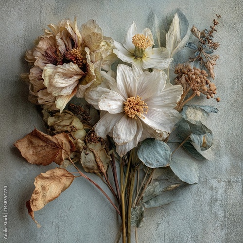 A bouquet of dried flowers featuring muted tones against a textured background, evoking nostalgia