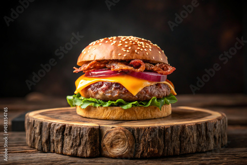 Delicious Burger with Cheese Lettuce Tomato and Crispy Bacon on Rustic Wood