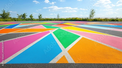 A vibrant geometric pattern painted on asphalt creates a colorful outdoor scene under a bright summer sky.