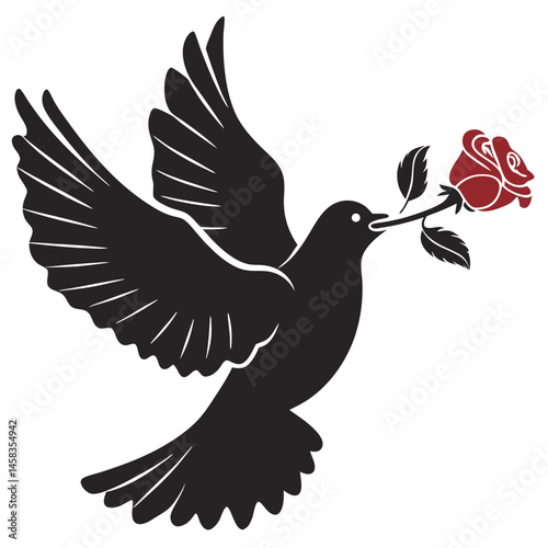 A flying dove, a vector bird with a rose flower, symbolizes peace and freedom in a silhouette illustration