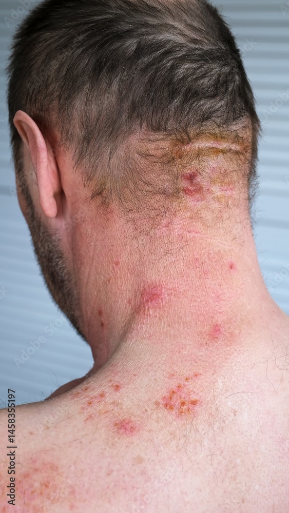 Naklejka premium Skin lesion symptom in Shingles or Herpes zoster in person. Viral disease Varicella virus. Painful skin rash with blisters on the body. Red pimples. Insects bite. Body injury. High quality