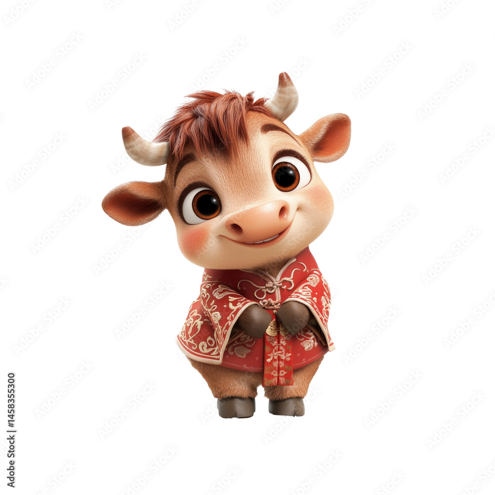 Adorable Cartoon Calf in Traditional Chinese Clothing for Lunar New Year