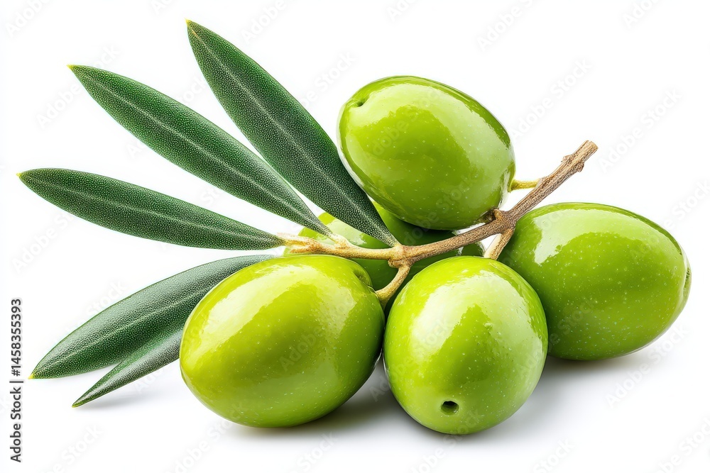Obraz premium Fresh green olives with olive leaves arranged beautifully on a white background showcasing the vibrant color and glossy texture highlighting health benefits and culinary versatility