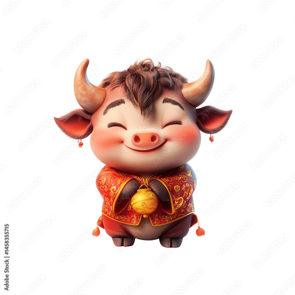 Adorable Cartoon Ox in Traditional Chinese Clothing for Lunar New Year