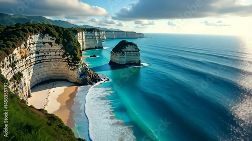 Tranquil Coastal Paradise Serene Ocean Waves Gently Embrace Majestic Cliffs and Sandy Shores