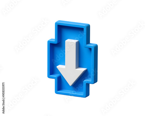 3D Rendered Download Icon in Blue and White. A 3D rendered download icon, featuring a white downward arrow within a blue rectangular frame.